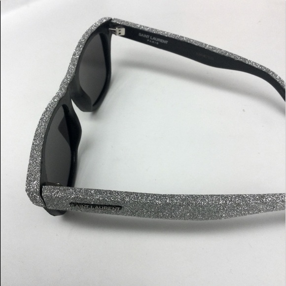 SAINT LAURENT YSL SILVER GLITTER BLACK LEATHER SUNGLASSES SL51 051 NWOT - Picture 10 of 14